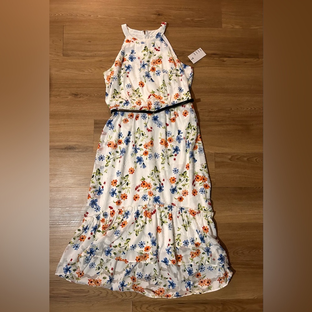 Elle Floral Halter Midi Dress – Size Small - Ruffle Hem-Removable Belt